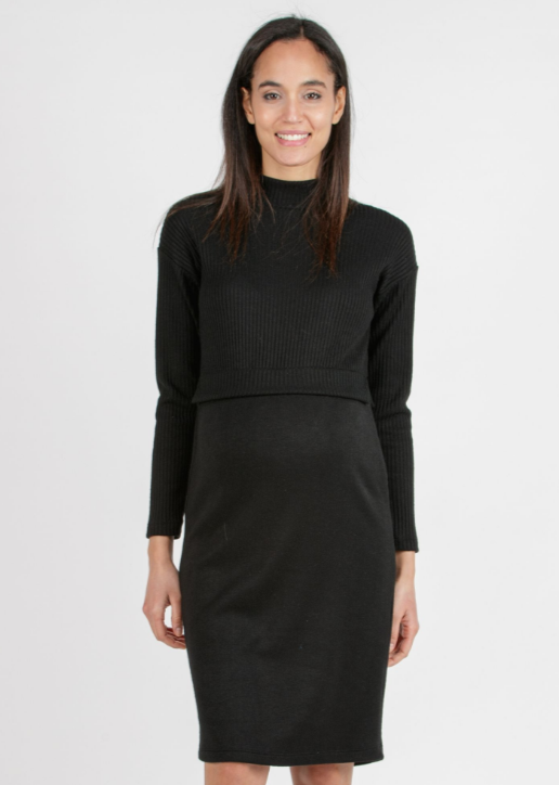 Our Maternity Bodycon dress is a warm viscose blend knit with a detailed ribbed bodice, neckline and sleeves.