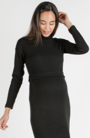 Our Maternity Bodycon dress is a warm viscose blend knit with a detailed ribbed bodice, neckline and sleeves.