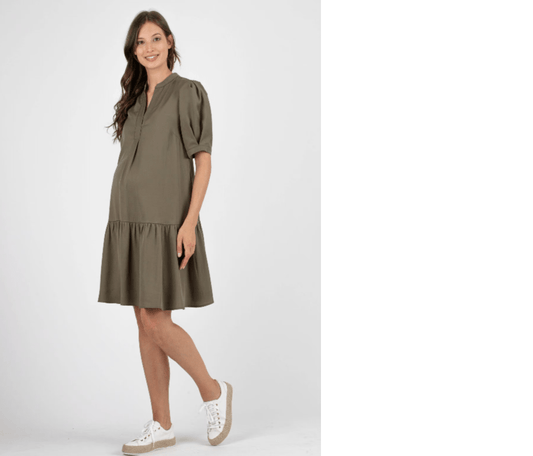 Maternity Khaki Short Sleeve Frill Mini Dress - maidwellway